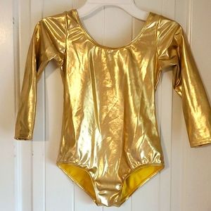 Gold Metallic Long-Sleeve Kids Dance Leotard